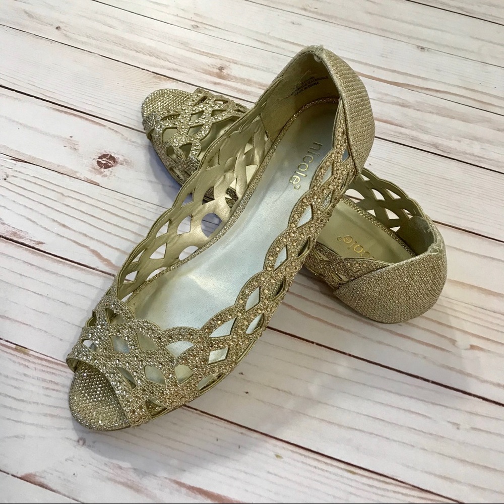 Nicole Gold & Rhinestone Peeptoe Flats Size 7
